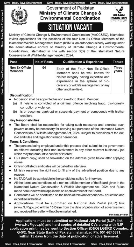 Govt of Pakistan Ministry of Climate Change Jobs 2025