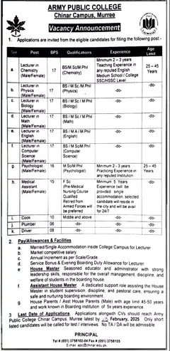 Army Public College Chinar Campus Murree Jobs 2025 Teaching & Non Teaching Staff