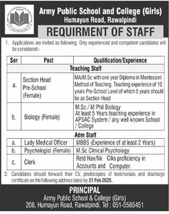 APS Rawalpindi Jobs 2025 for Teaching & Admin Staff