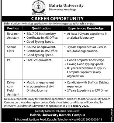 Bahria University Karachi Jobs 2025