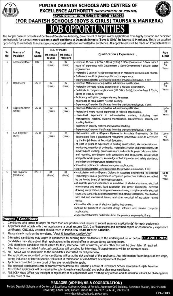 Punjab Daanish Schools and Centres of Excellence Authority Jobs 2025