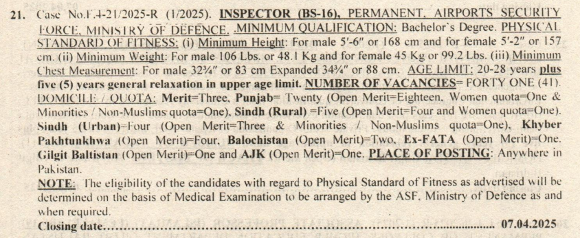 Airports Security Force ASF Inspector Jobs 2025