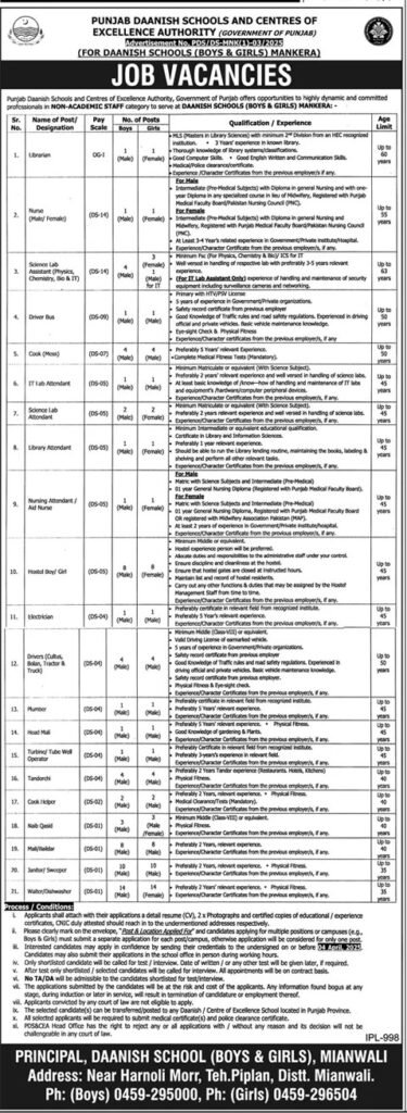 Punjab Daanish Schools Mianwali Non Teaching Staff Jobs 2025