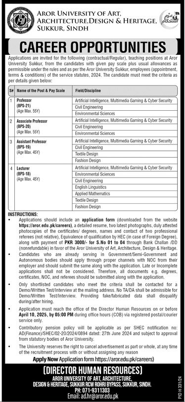 Aror University of Art Architecture Design & Heritage Sukkur Jobs 2025